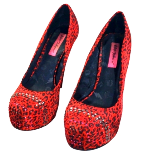 Betsey Johnson Red Cheetah Print Pumps Red/Black & Stones Shoes Size 8 M. - Picture 1 of 13